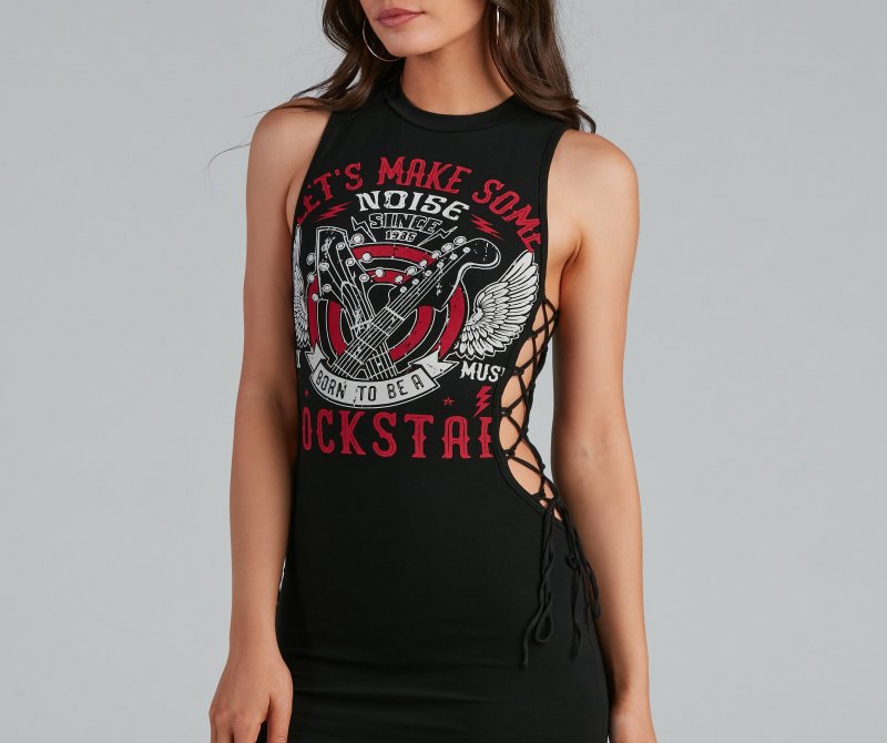 TableClothsUs Born To Rock Lace-Up Graphic Tunic